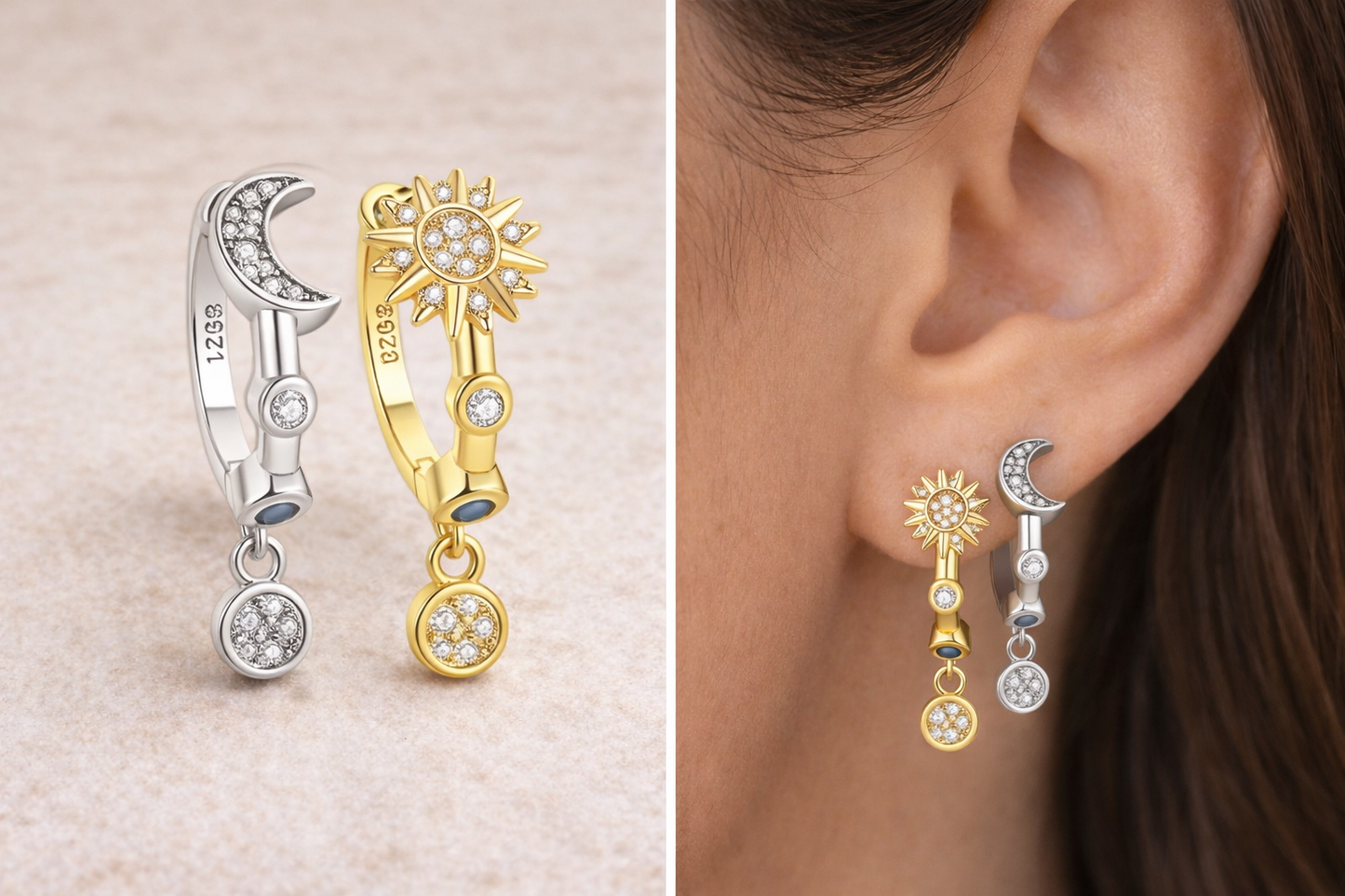 'Celestial Balance' Sun & Moon Earrings / Sterling Silver / Gold Plated