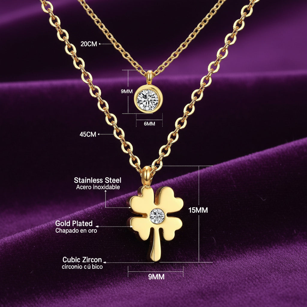 Serendipity Clover Necklace / Stainless Steel Gold Plated / Cubic Zirconia