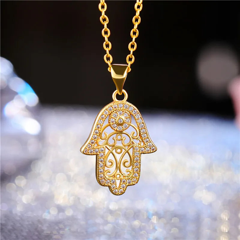 'Divine Light' Hamsa Necklace / White Gold Plated