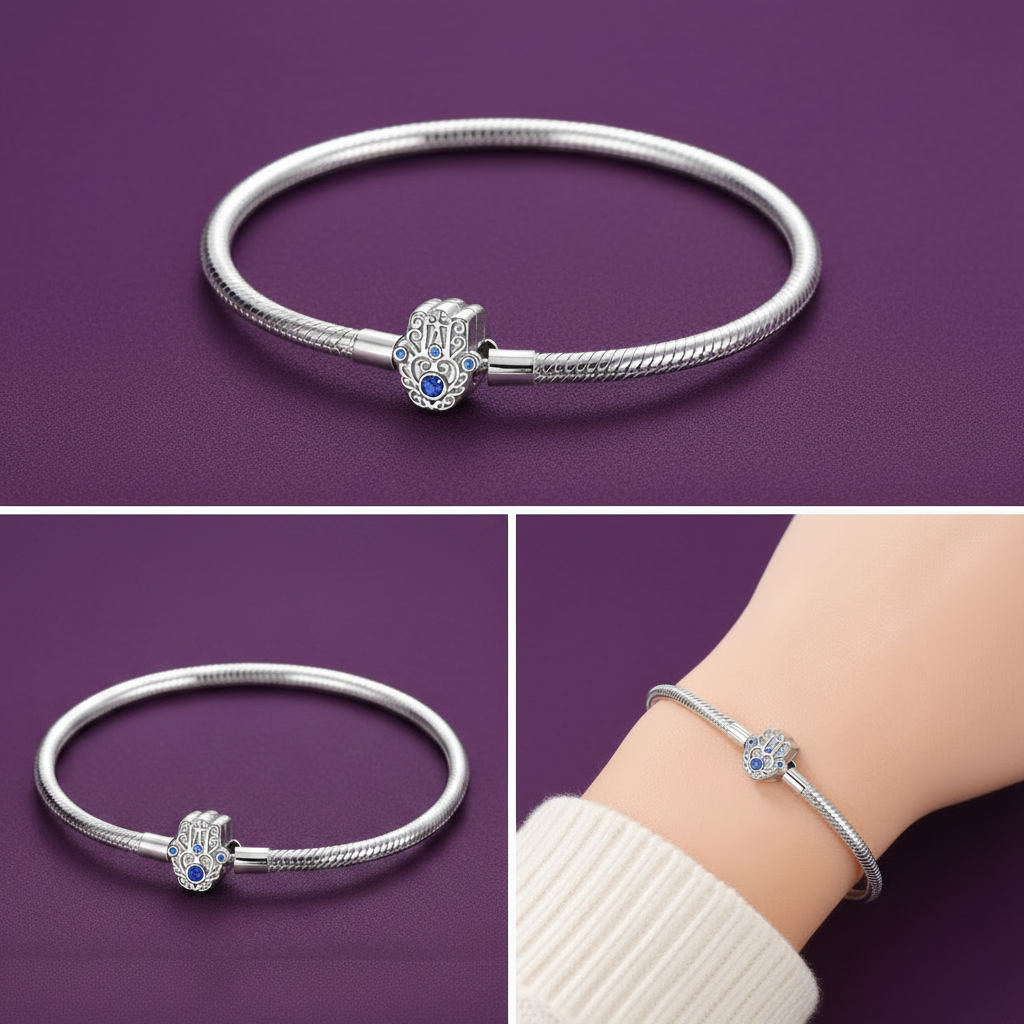 'The Divine Protection' Hamsa Hand Charm Bracelet / 925 Sterling Silver