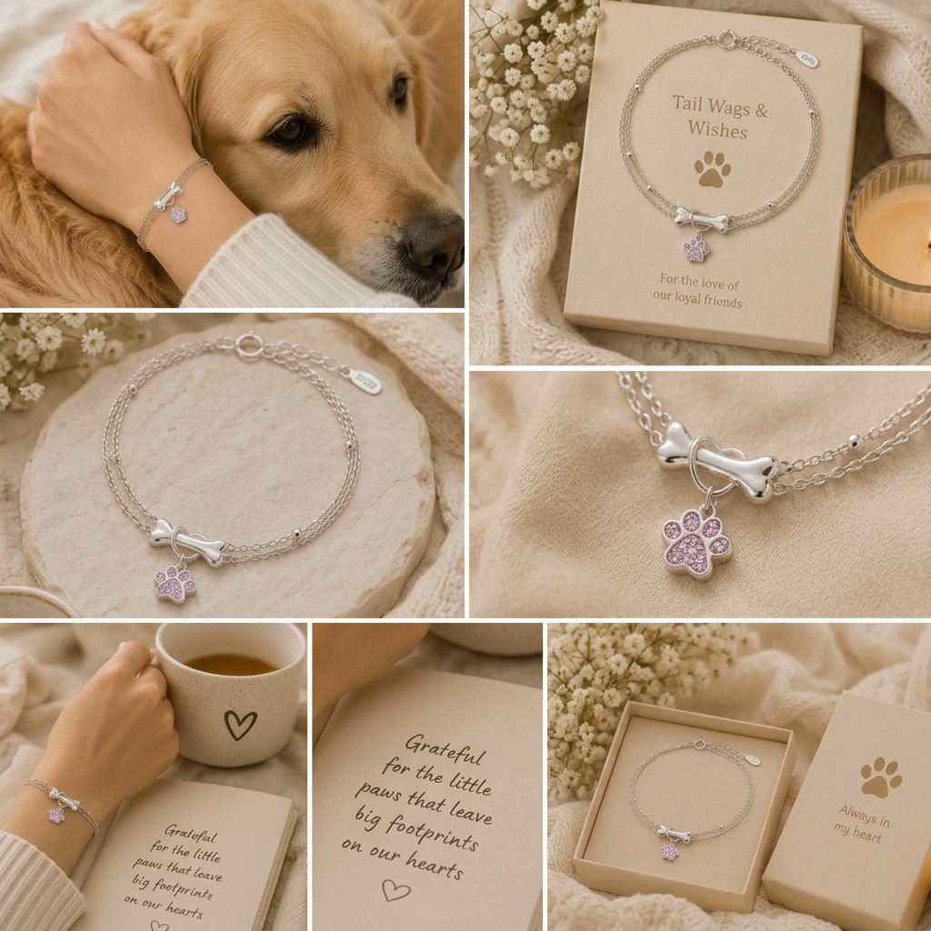 Lifestyle collage of the Tail Wags & Wishes 925 sterling silver bracelet featuring a pink paw print charm and silver bone charm, displayed with a golden retriever, gift box and close-up jewellery details.