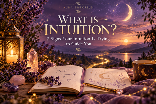 Purple and gold spiritual scene with a crescent moon, crystals, candlelight and an open journal, illustrating intuition and inner guidance.