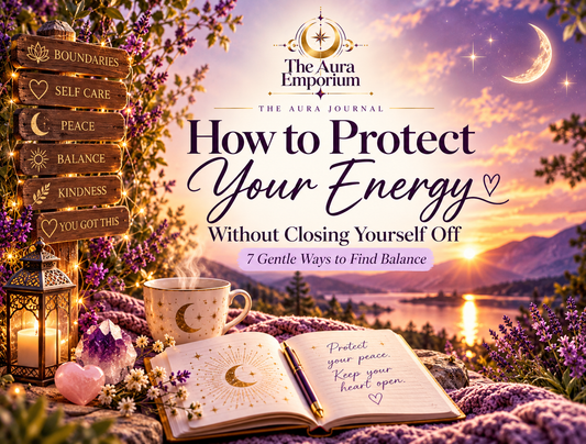How to Protect Your Energy Without Closing Yourself Off blog cover by The Aura Emporium, featuring a peaceful lavender and gold sunset, crescent moon, journal, crystals and signs representing boundaries, self-care and kindness.