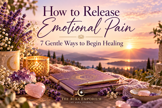 How to Release Emotional Pain: 7 Gentle Ways to Begin Healing blog image featuring a lavender sunset, glowing candle, purple journal, crystals and flowers.