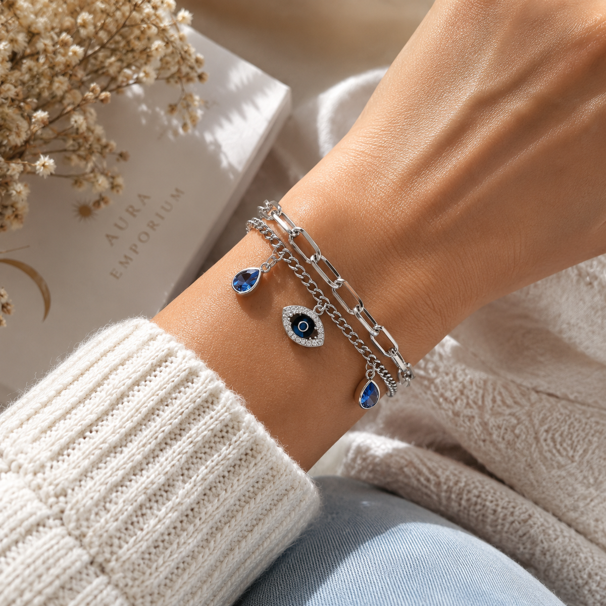 Protected in Light Charm Bracelet / Stainless Steel / Blue & Clear Cubic Zirconia