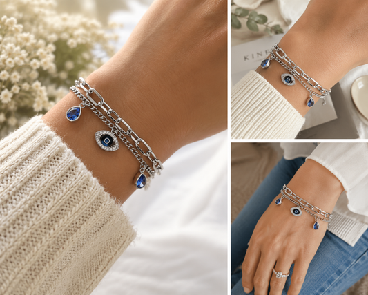 Protected in Light Charm Bracelet / Stainless Steel / Blue & Clear Cubic Zirconia