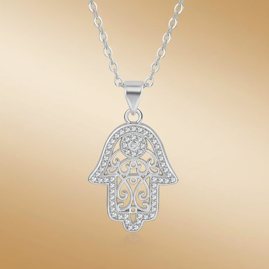 'Divine Light' Hamsa Necklace / White Gold Plated