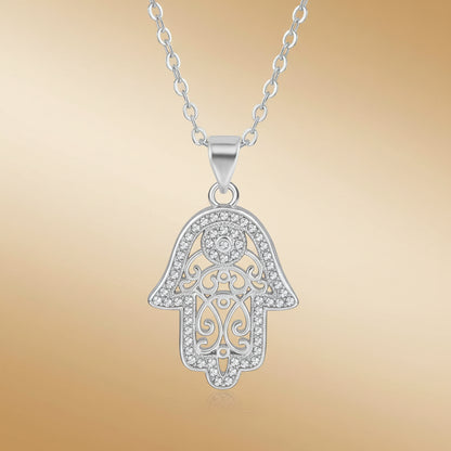 'Divine Light' Hamsa Necklace / White Gold Plated