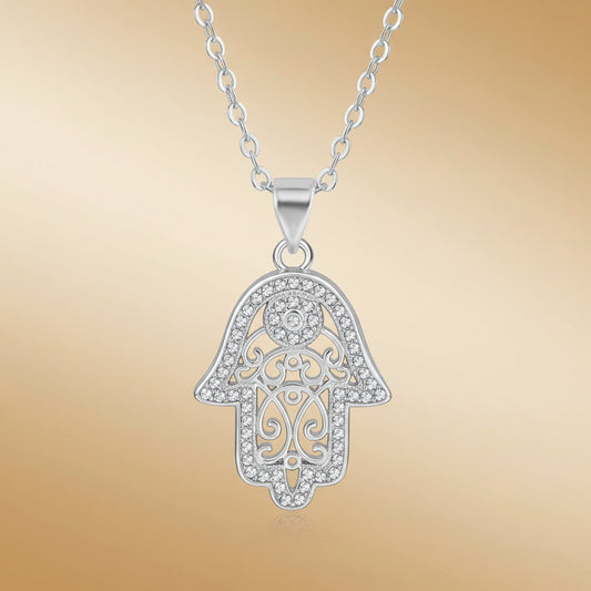 'Divine Light' Hamsa Necklace / White Gold Plated
