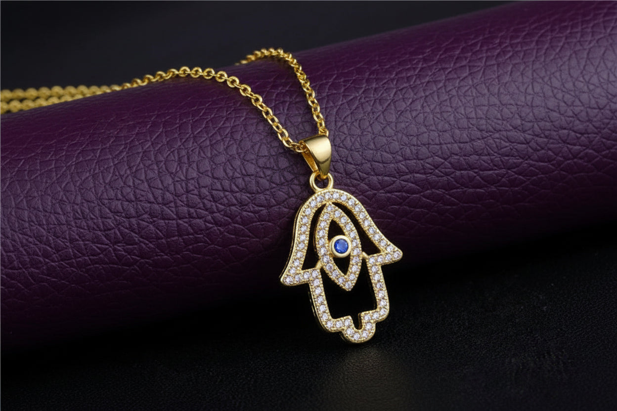 'Divine Light' Hamsa Necklace / White Gold Plated