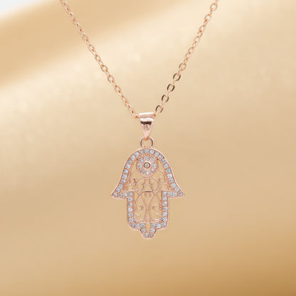 'Divine Light' Hamsa Necklace / White Gold Plated