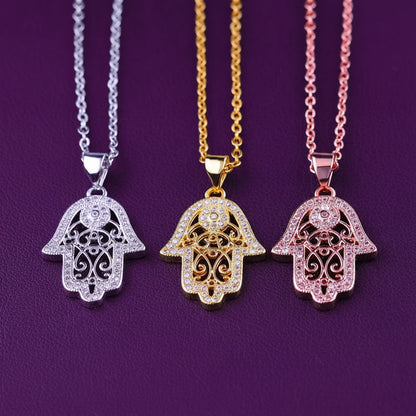 'Divine Light' Hamsa Necklace / White Gold Plated