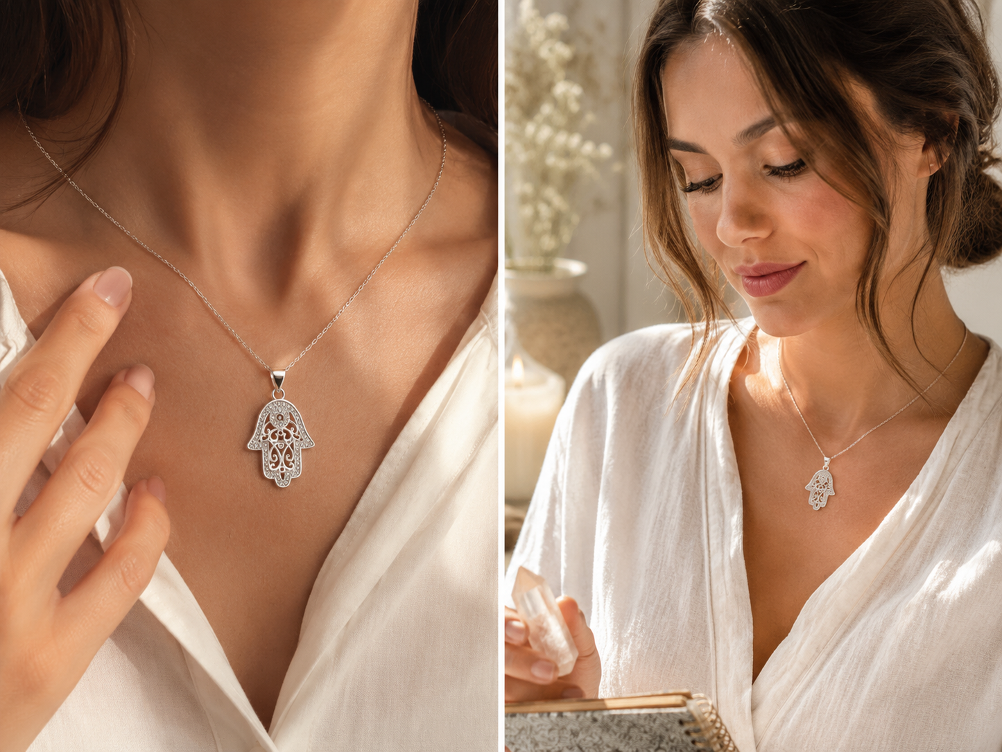 'Divine Light' Hamsa Necklace / White Gold Plated