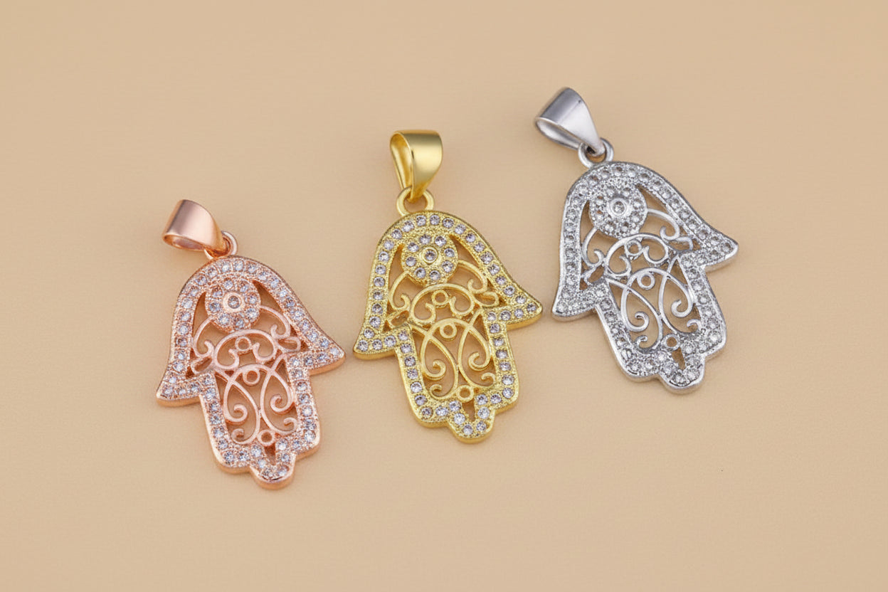 'Divine Light' Hamsa Necklace / White Gold Plated