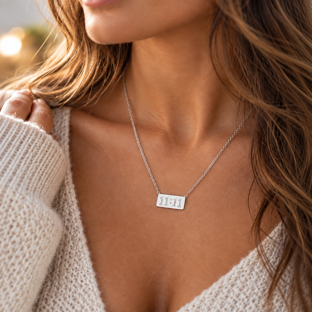 Woman wearing the silver Divine Timing 11:11 stainless steel necklace with a rectangular angel number pendant and cream knitted jumper.