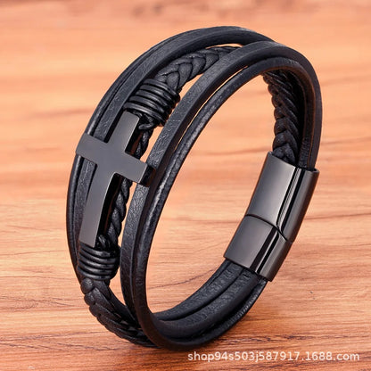 Walk with Faith Leather / Stainless Steel Cross Bracelet