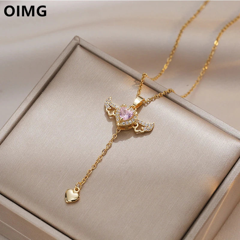 'Divine Love' Angel Wing Necklace / Stainless Steel with Zirconia