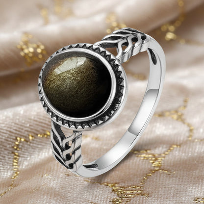 Golden Guardian Ring / Sterling Silver / Golden Obsidian