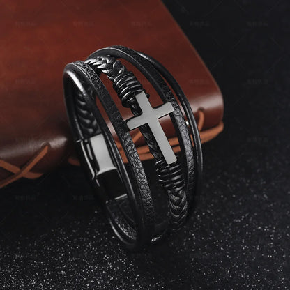 Walk with Faith Leather / Stainless Steel Cross Bracelet