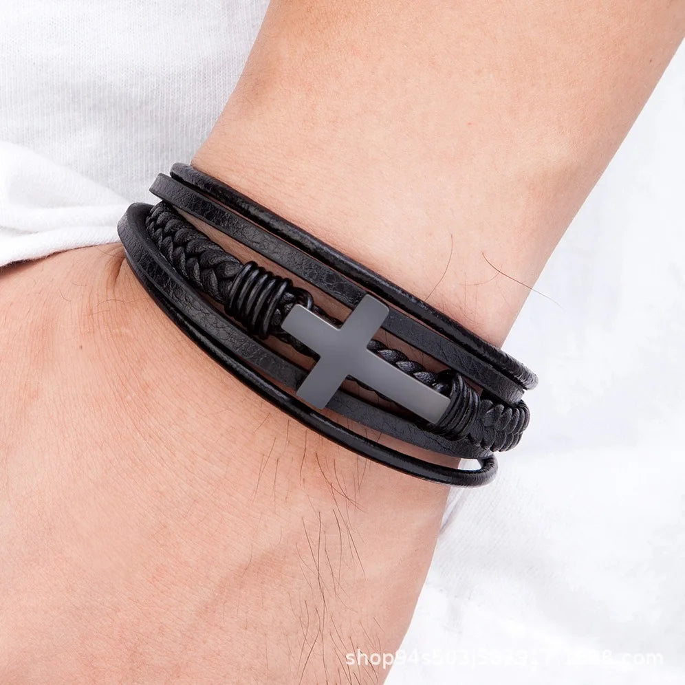 Walk with Faith Leather / Stainless Steel Cross Bracelet