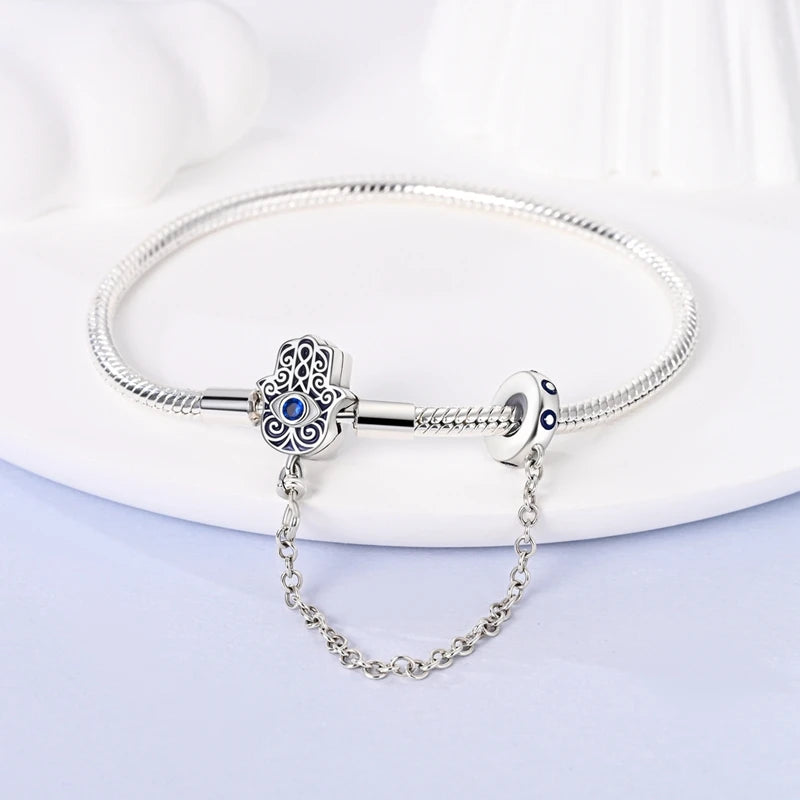 'Eternal Protection' Hamsa Charm Bracelet with Safety Chain / 925 Sterling Silver