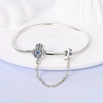 'Eternal Protection' Hamsa Charm Bracelet with Safety Chain / 925 Sterling Silver