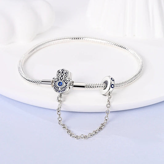'Eternal Protection' Hamsa Charm Bracelet with Safety Chain / 925 Sterling Silver
