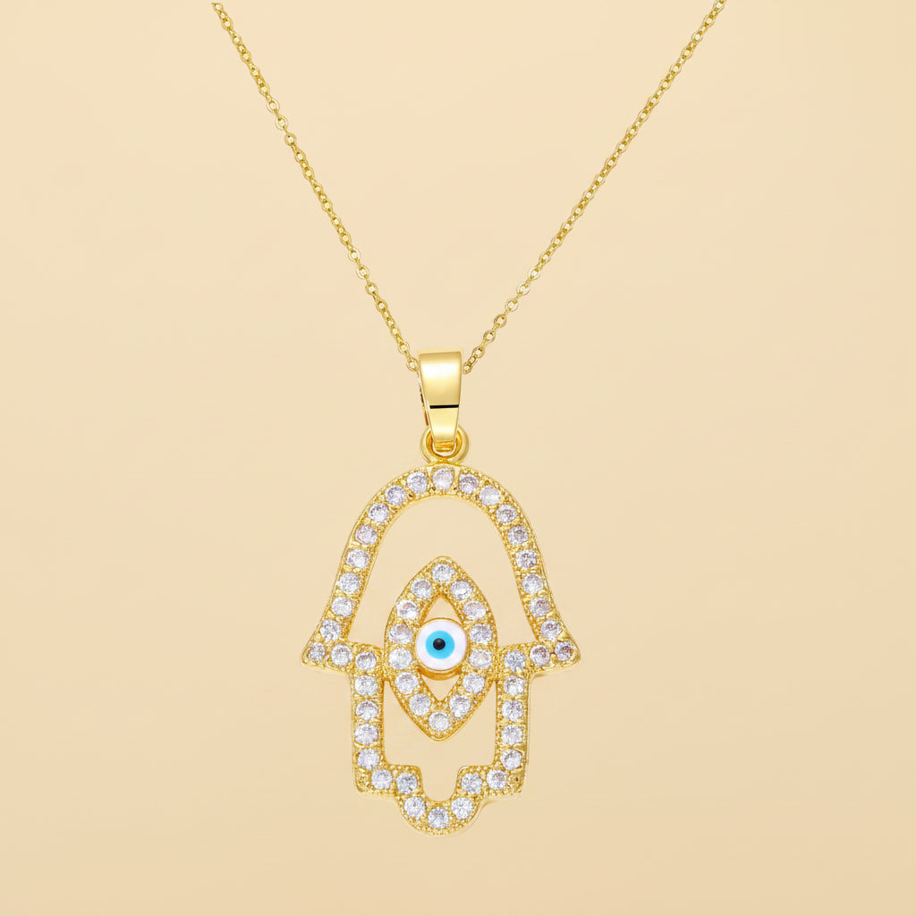 'Divine Light' Hamsa Necklace / White Gold Plated