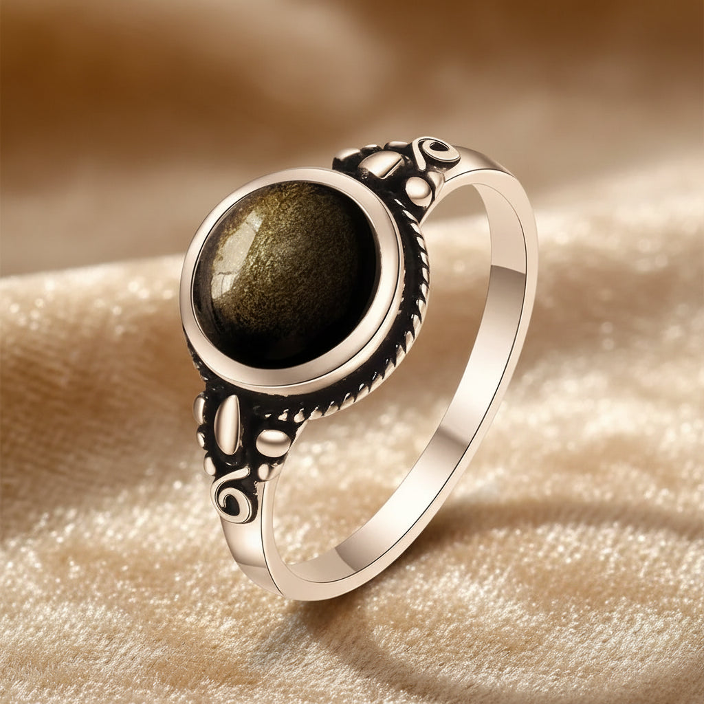 Golden Guardian Ring / Sterling Silver / Golden Obsidian