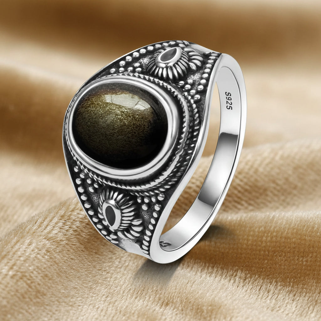 Golden Guardian Ring / Sterling Silver / Golden Obsidian