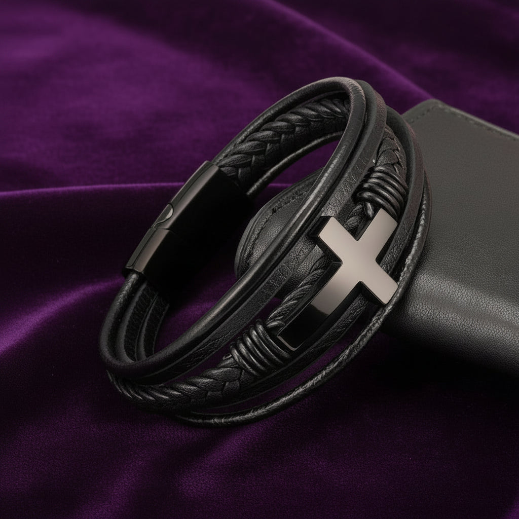 Walk with Faith Leather / Stainless Steel Cross Bracelet