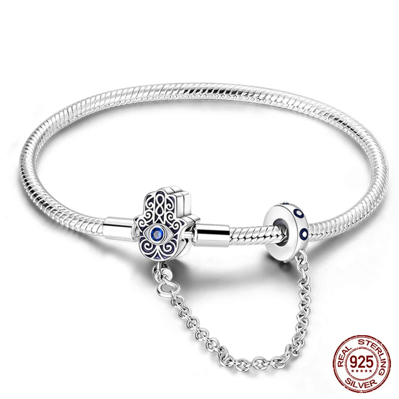 'Eternal Protection' Hamsa Charm Bracelet with Safety Chain / 925 Sterling Silver