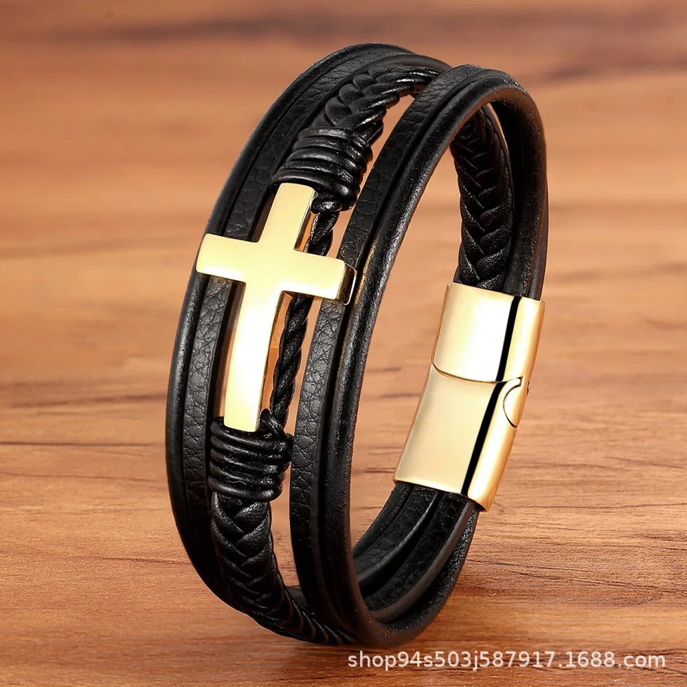 Walk with Faith Leather / Stainless Steel Cross Bracelet