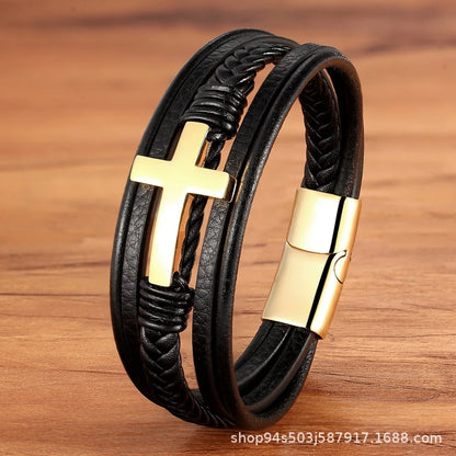 Walk with Faith Leather / Stainless Steel Cross Bracelet