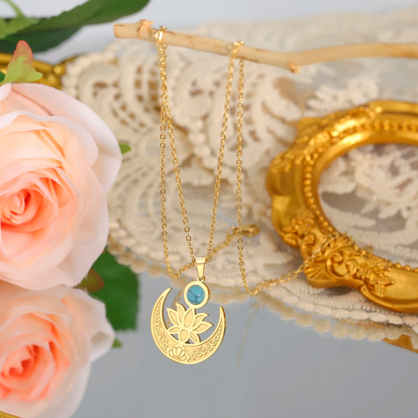 'Lotus Serenity Moon' Pendant / Stainless Steel