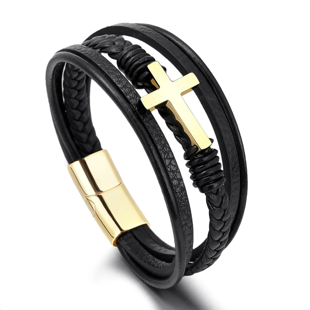Walk with Faith Leather / Stainless Steel Cross Bracelet