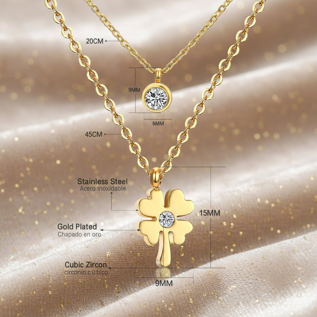 Serendipity Clover Necklace / Stainless Steel Gold Plated / Cubic Zirconia