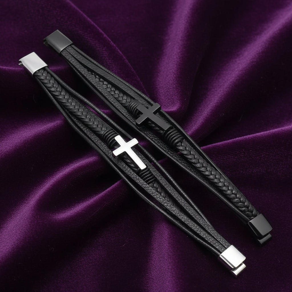 Walk with Faith Leather / Stainless Steel Cross Bracelet