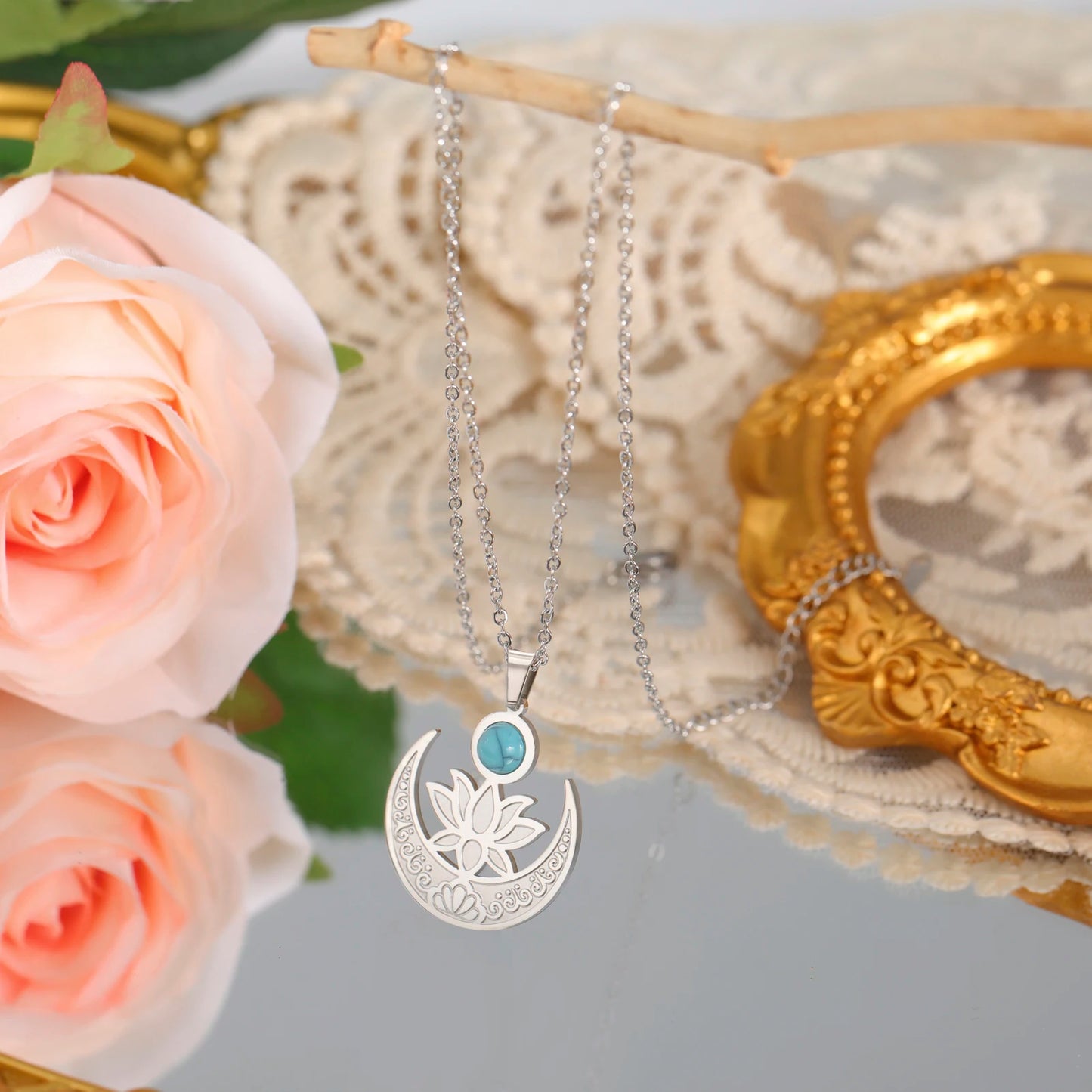 'Lotus Serenity Moon' Pendant / Stainless Steel