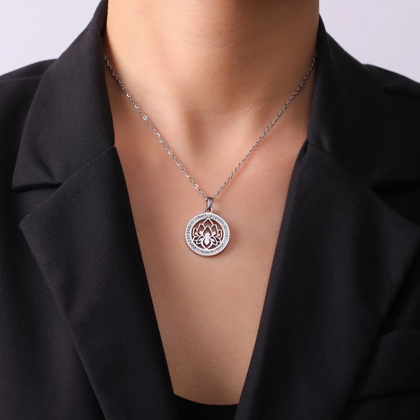 'Lotus Serenity' Lotus Flower Necklace with Cubic Zirconia / Stainless Steel