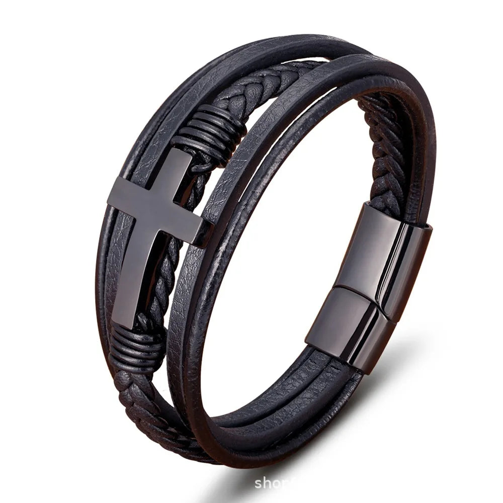 Walk with Faith Leather / Stainless Steel Cross Bracelet