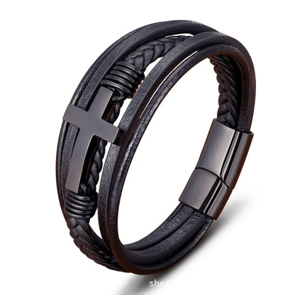 Walk with Faith Leather / Stainless Steel Cross Bracelet