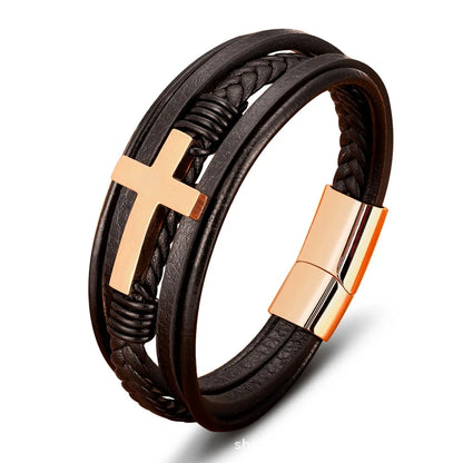 Walk with Faith Leather / Stainless Steel Cross Bracelet