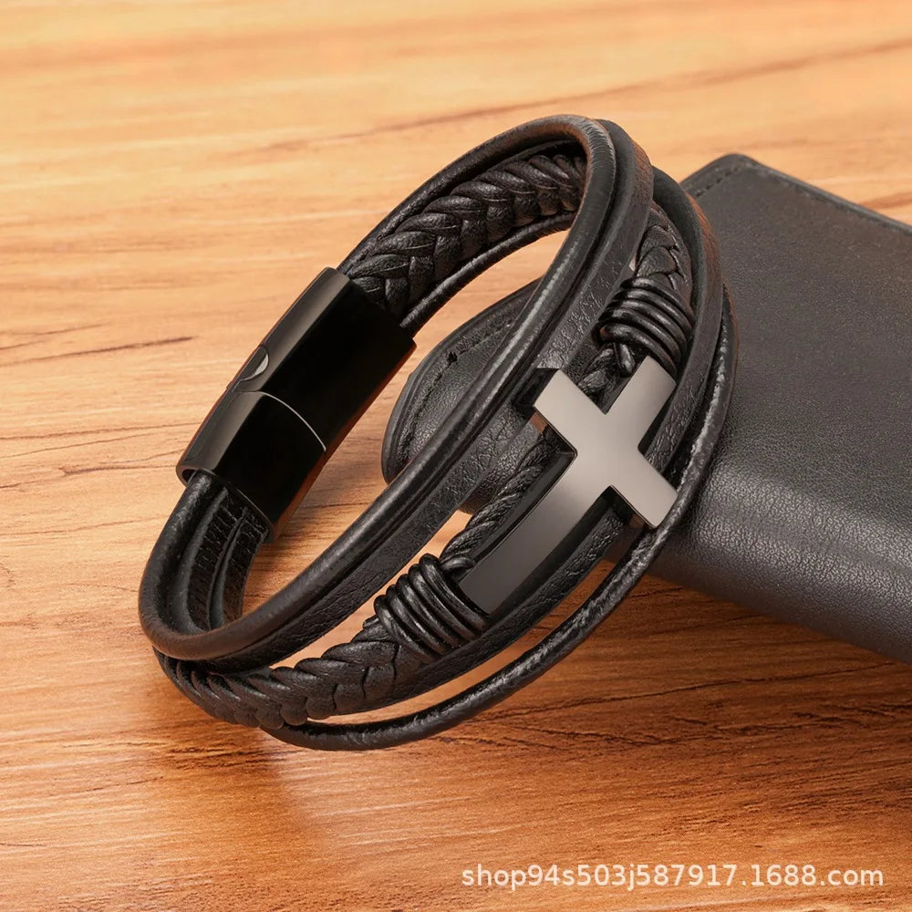 Walk with Faith Leather / Stainless Steel Cross Bracelet