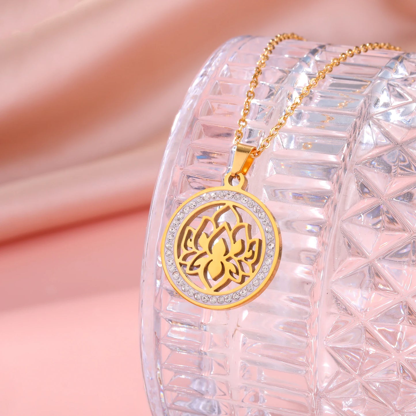 'Lotus Serenity' Lotus Flower Necklace with Cubic Zirconia / Stainless Steel