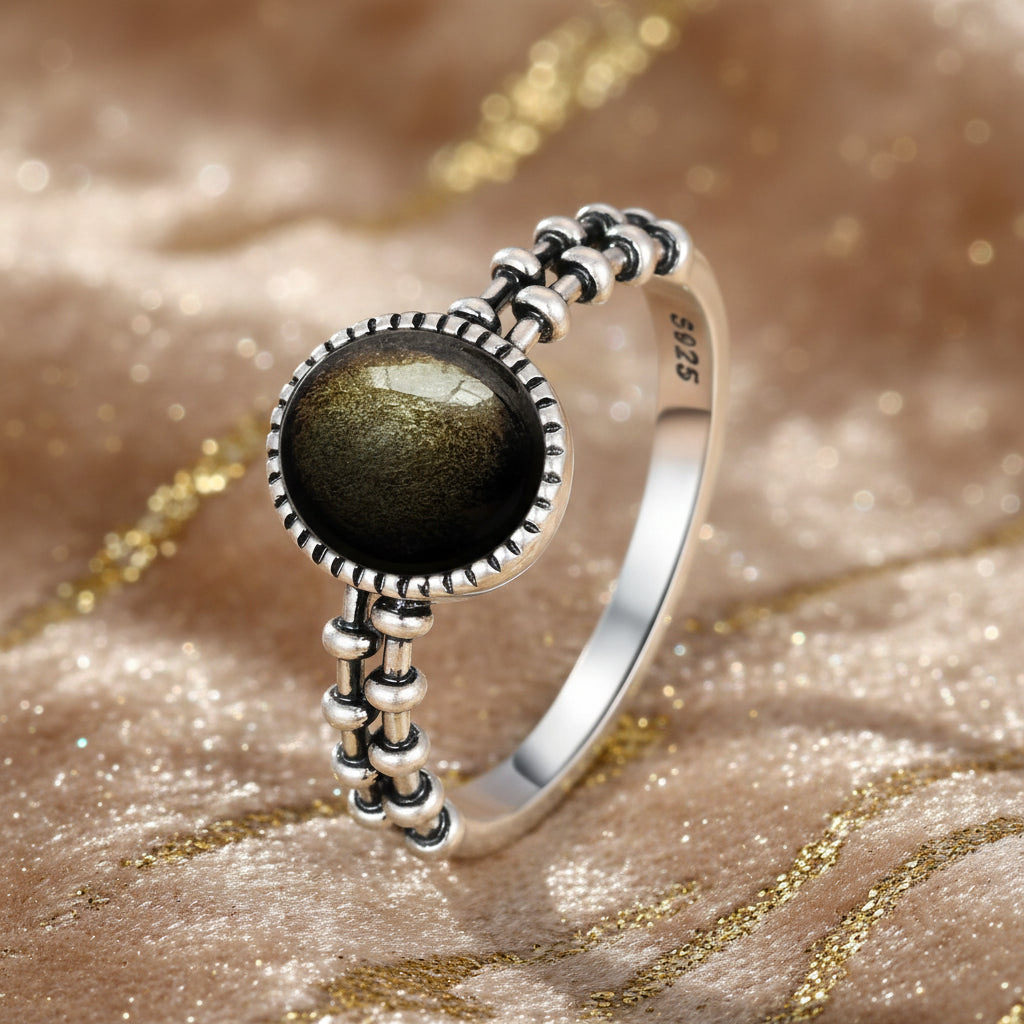 Golden Guardian Ring / Sterling Silver / Golden Obsidian
