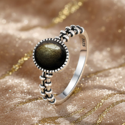 Golden Guardian Ring / Sterling Silver / Golden Obsidian