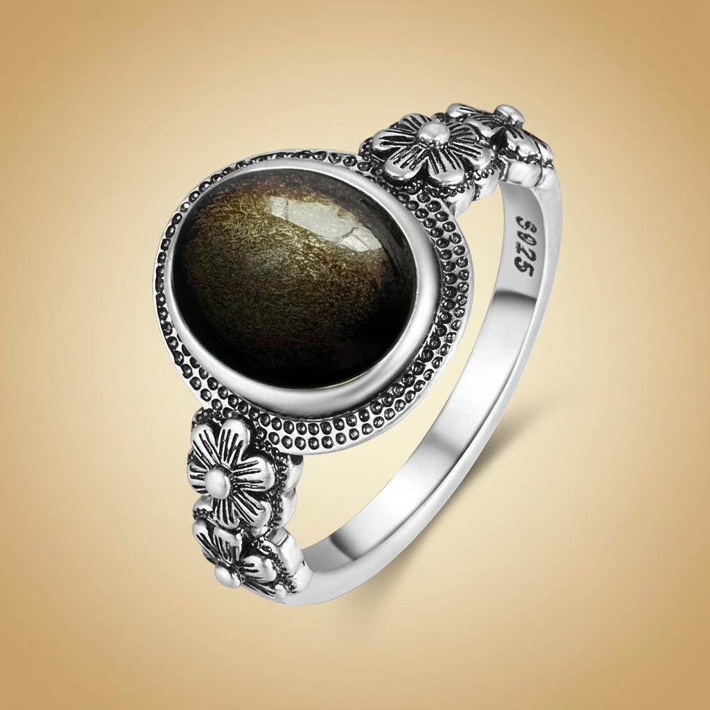 Golden Guardian Ring / Sterling Silver / Golden Obsidian