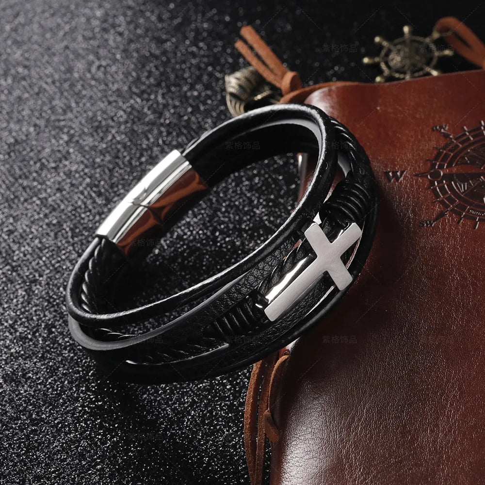 Walk with Faith Leather / Stainless Steel Cross Bracelet