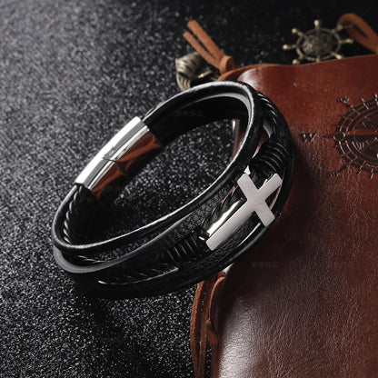Walk with Faith Leather / Stainless Steel Cross Bracelet